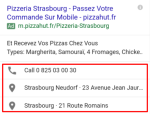 Exemple d'extensions d'annonce sur mobile : appel et lieu